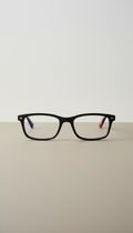 Angular black acetate eyeglasses with velvet pouch