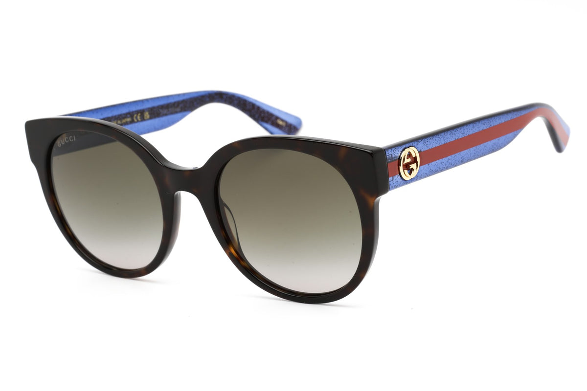 FRONT VIEW OF GUCCI GG0035SN IN HAVANA BLUE BROWN DESIGNER SUNGLASSES
